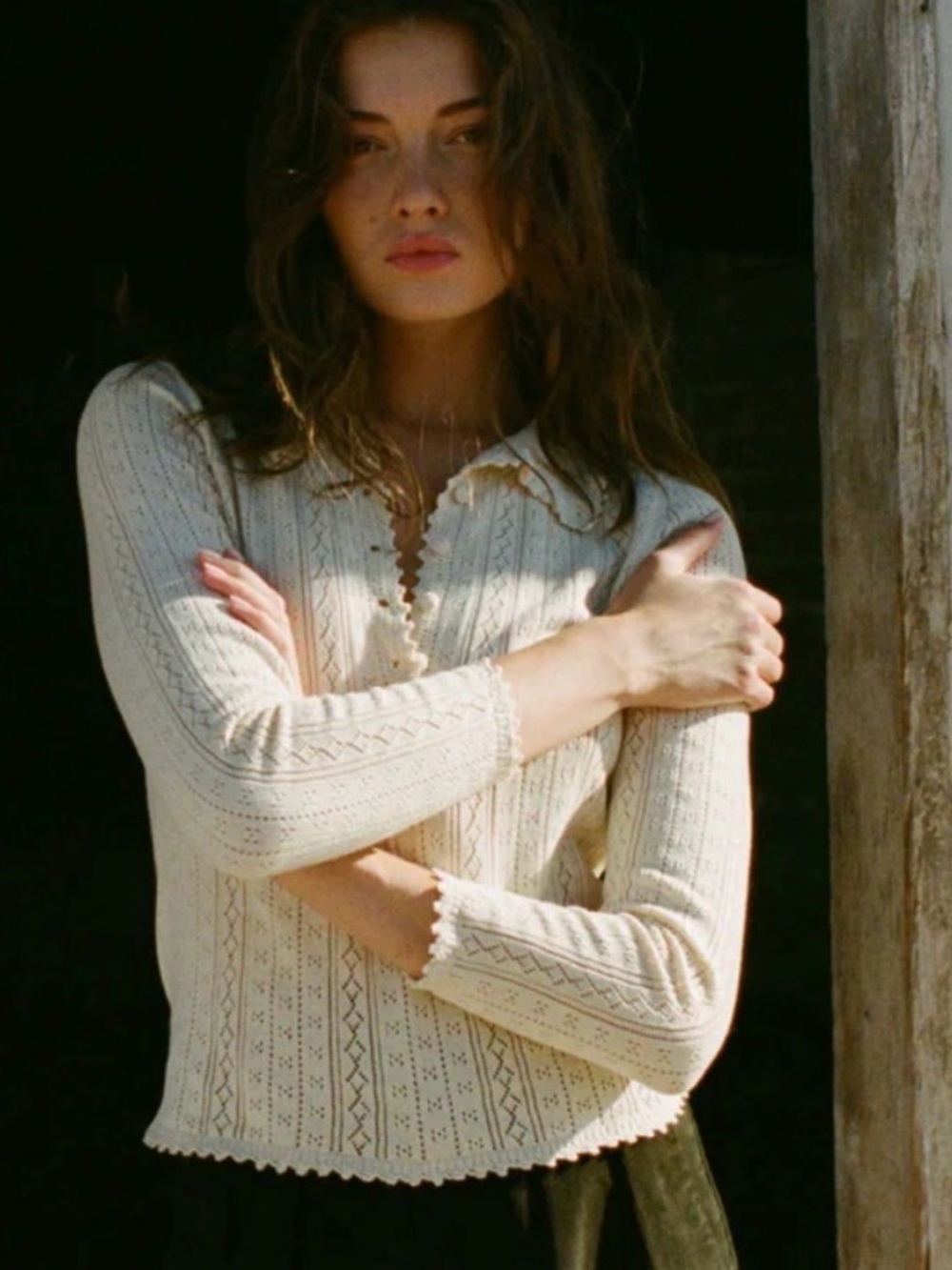 Doen MIA HENLEY Alpaca Blend Pointelle Knit  Sweater Long Sleeve Top Medium